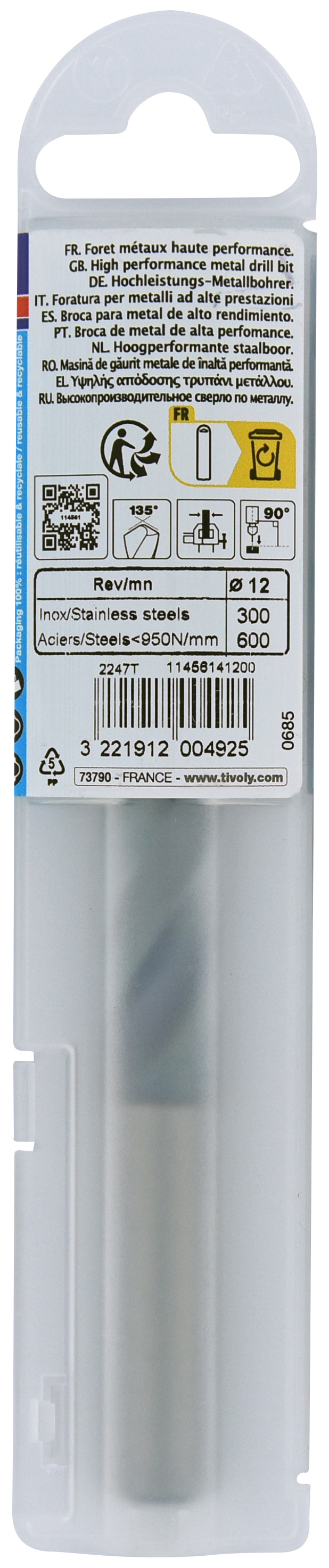 Foret métaux HSS-E5 TBX -Revêtu BLADE -DIN338 -h8 -Affûtage 4 faces Ø: 12 L: 151 TIVOLY - 11456141200