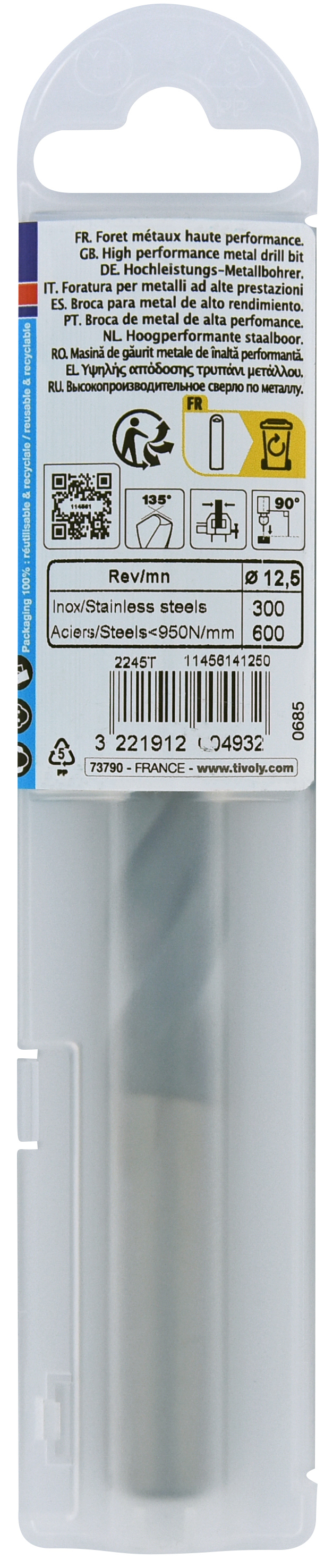 Foret métaux HSS-E5 TBX -Revêtu BLADE -DIN338 -h8 -Affûtage 4 faces Ø: 12.5 L: 151 TIVOLY - 11456141250