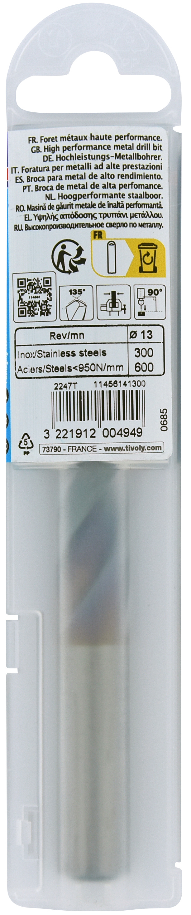 Foret métaux HSS-E5 TBX -Revêtu BLADE -DIN338 -h8 -Affûtage 4 faces Ø: 13 L: 151 TIVOLY - 11456141300