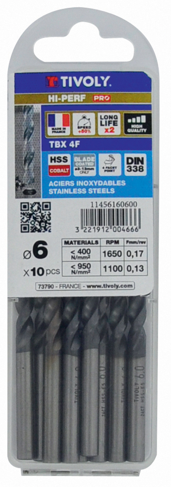 Foret métaux HSS-E5 TBX -Revêtu BLADE -DIN338 -h8 -Affûtage 4 faces Ø: 3 L: 61 TIVOLY - 11456160300