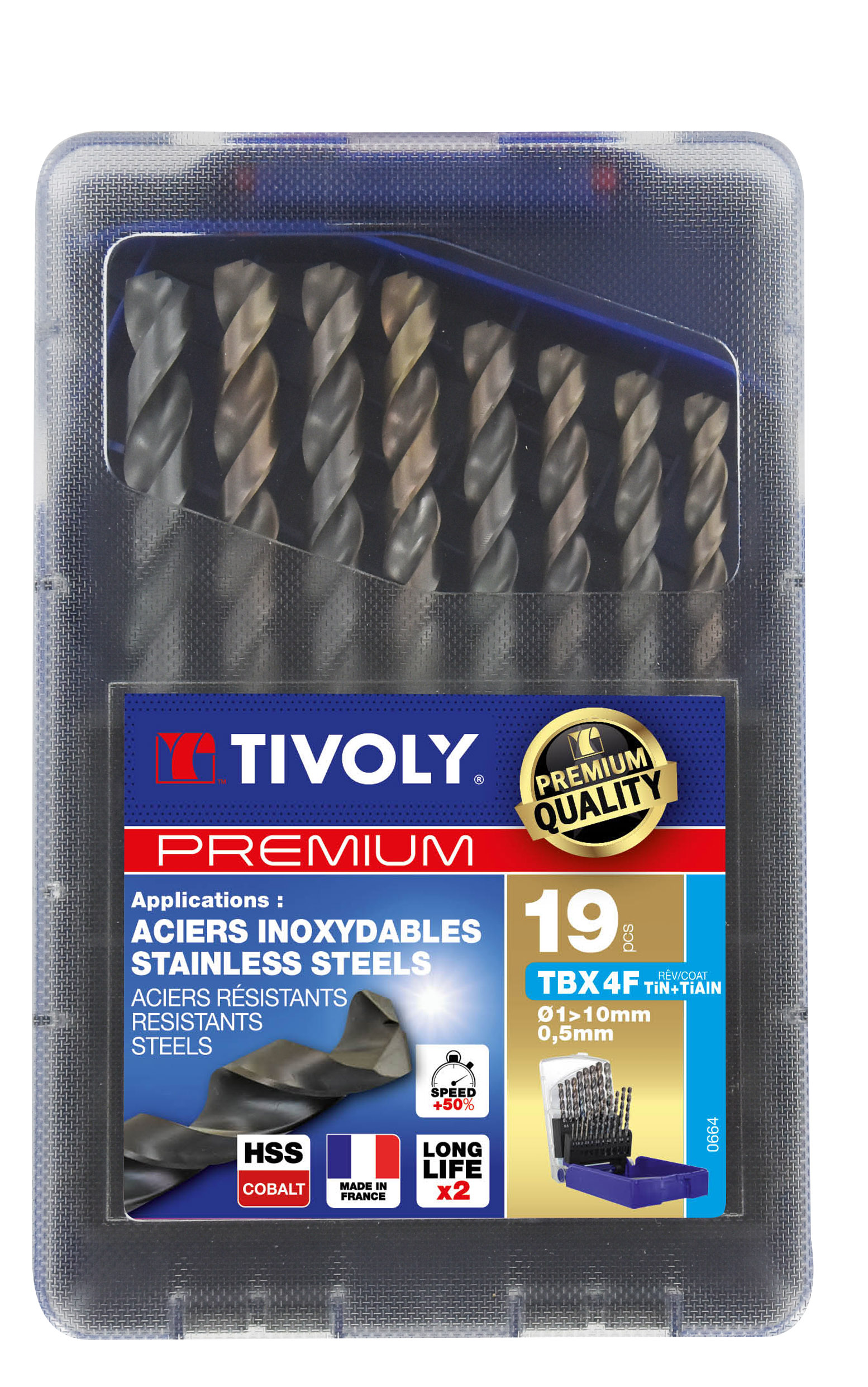 19 forets métaux TBX HSSE5% cobalt revêtus blade 4 faces Ø 1 à 10mm par 1/2 PREMIUM TIVOLY - 11456170015