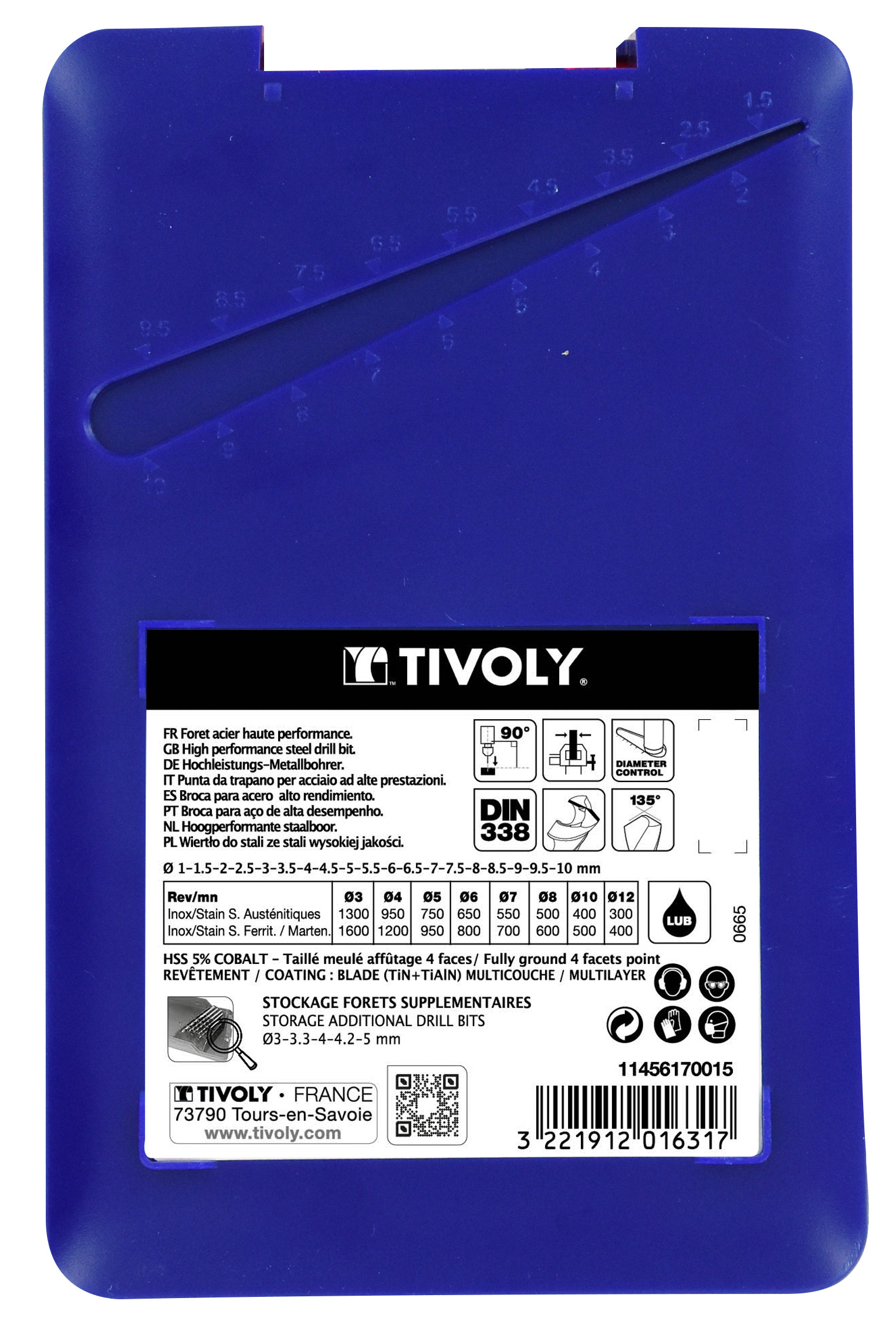 19 forets métaux TBX HSSE5% cobalt revêtus blade 4 faces Ø 1 à 10mm par 1/2 PREMIUM TIVOLY - 11456170015