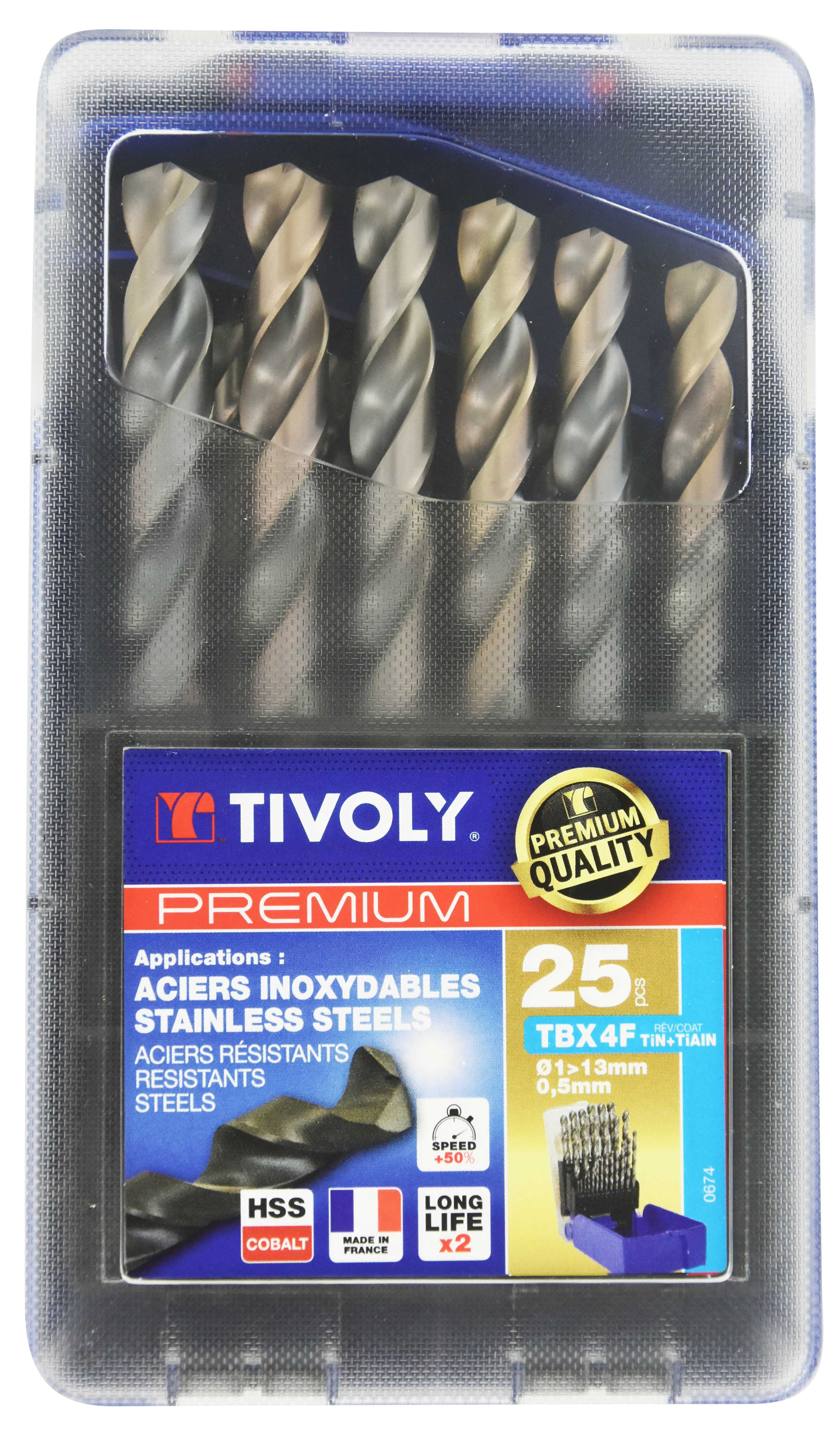 25 forets métaux TBX HSSE5% cobalt revêtus blade 4 faces Ø 1 à 13mm par 1/2 PREMIUM TIVOLY - 11456170017