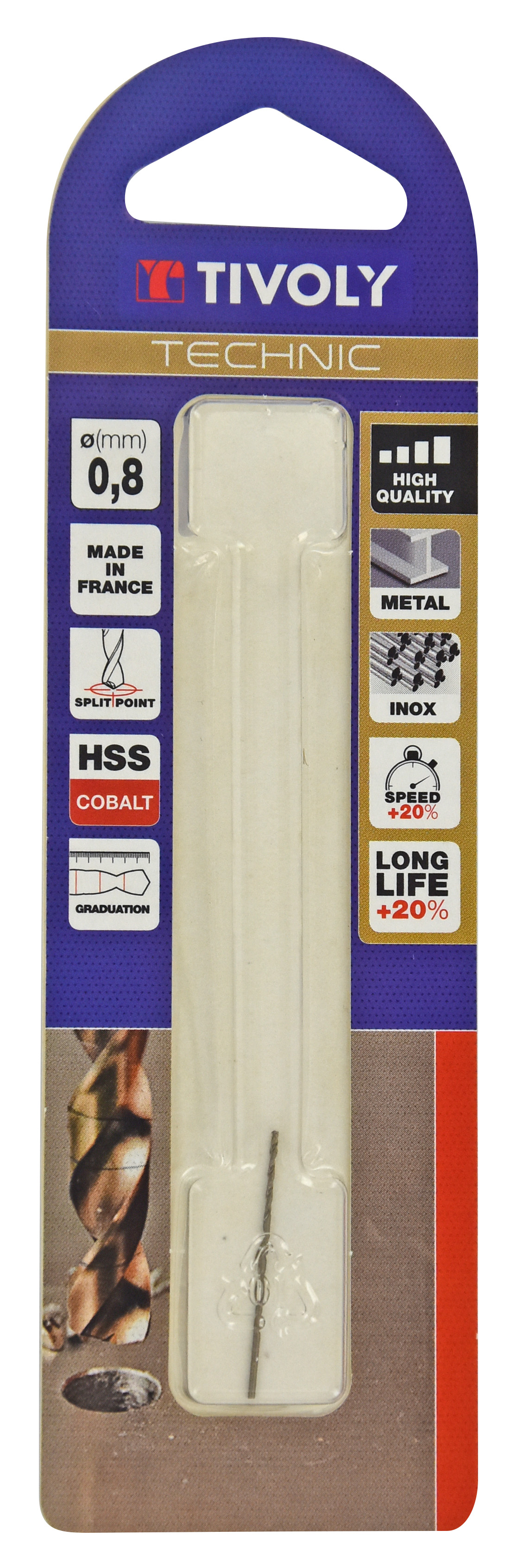 Foret métaux HSS-E5 cobalt -Revêtu GOLD -DIN338 -h8 -Pointe en croix -Gradué SLR Ø: 0.8 L: 30 TIVOLY - 11468520080