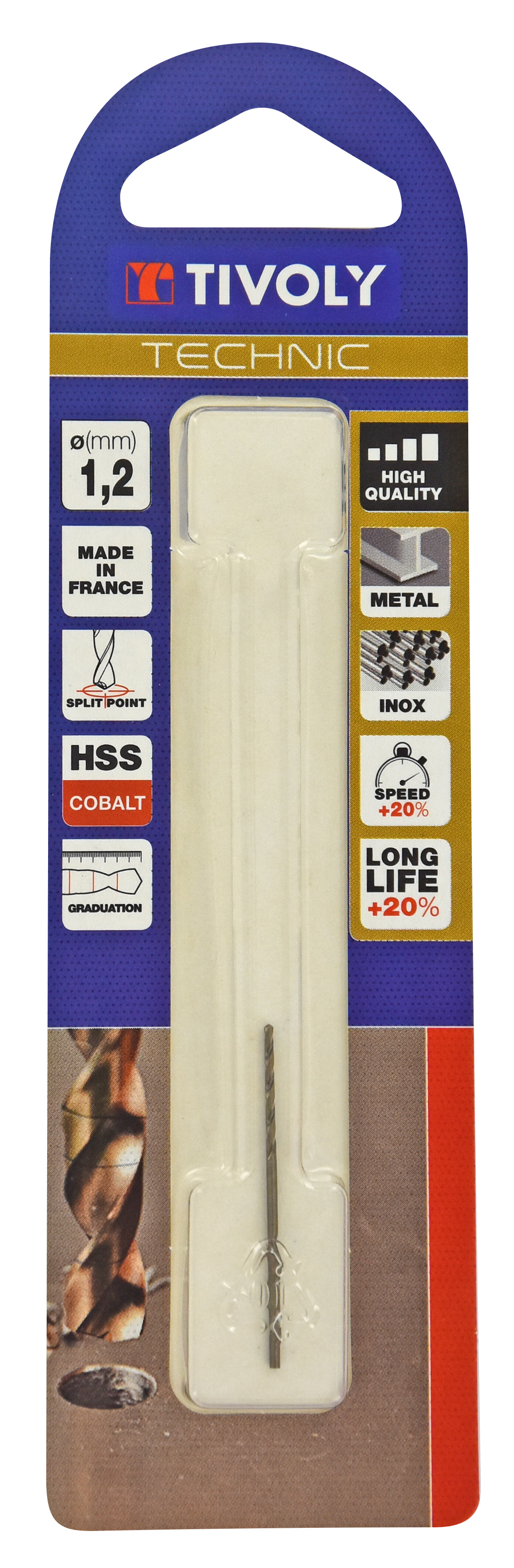 Foret métaux HSS-E5 cobalt -Revêtu GOLD -DIN338 -h8 -Pointe en croix -Gradué SLR Ø: 1.2 L: 38 TIVOLY - 11468520120