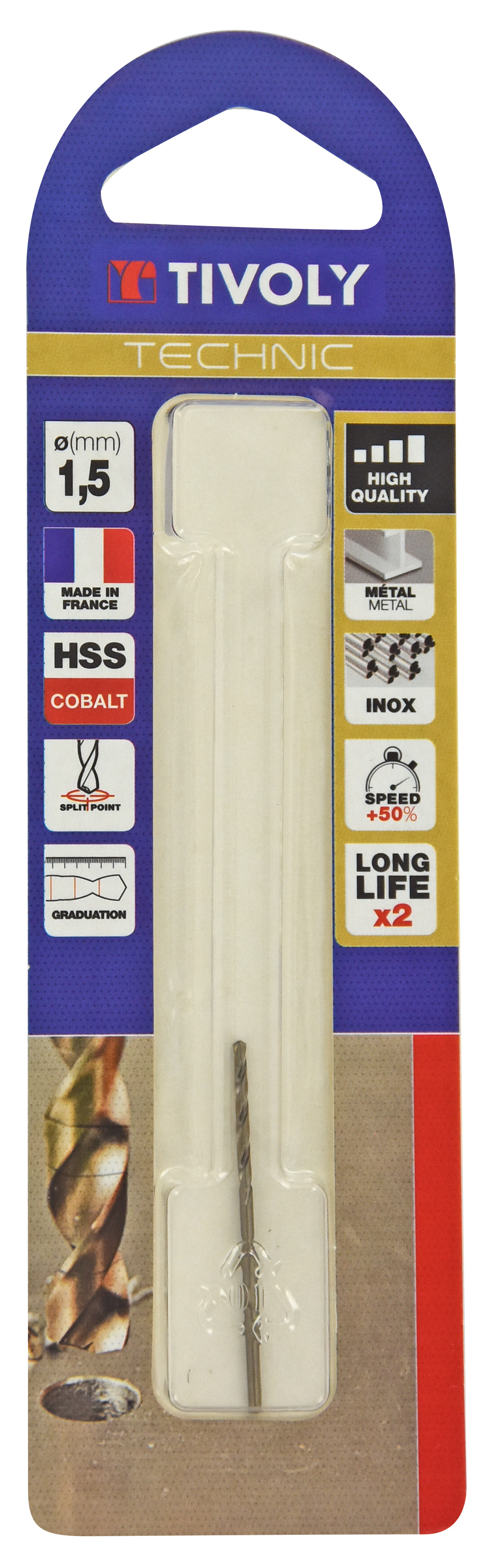 Foret métaux HSS-E5 cobalt -Revêtu GOLD -DIN338 -h8 -Pointe en croix -Gradué SLR Ø: 1.5 L: 40 TIVOLY - 11468520150