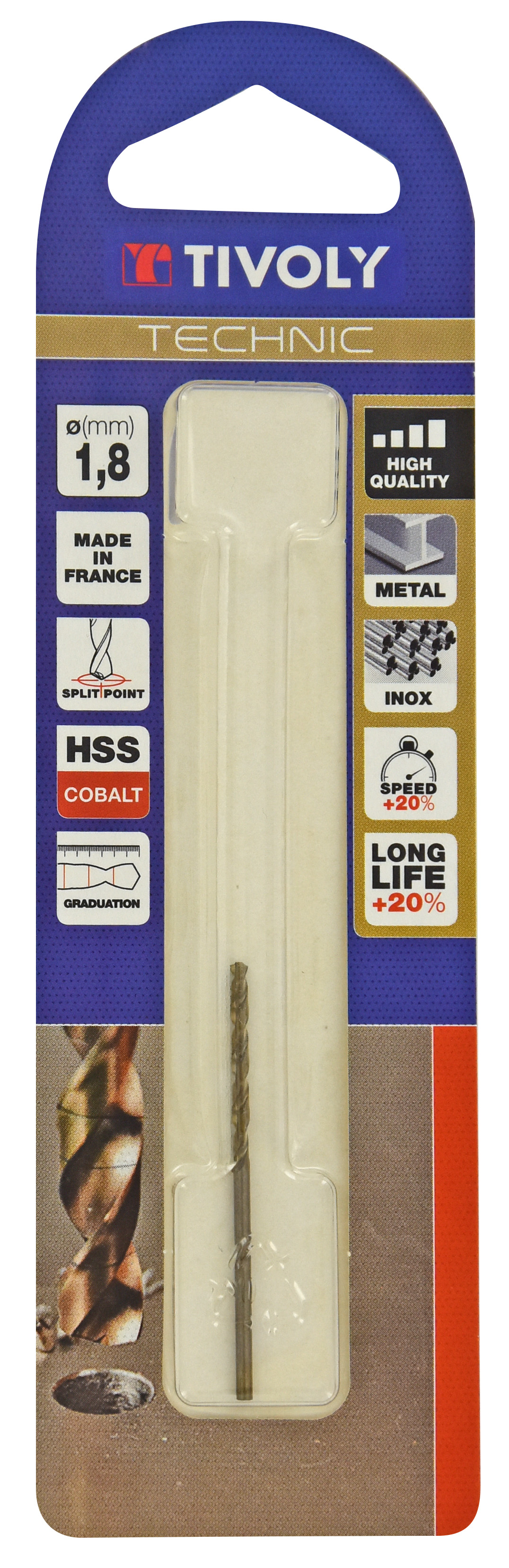 Foret métaux HSS-E5 cobalt -Revêtu GOLD -DIN338 -h8 -Pointe en croix -Gradué SLR Ø: 1.8 L: 46 TIVOLY - 11468520180