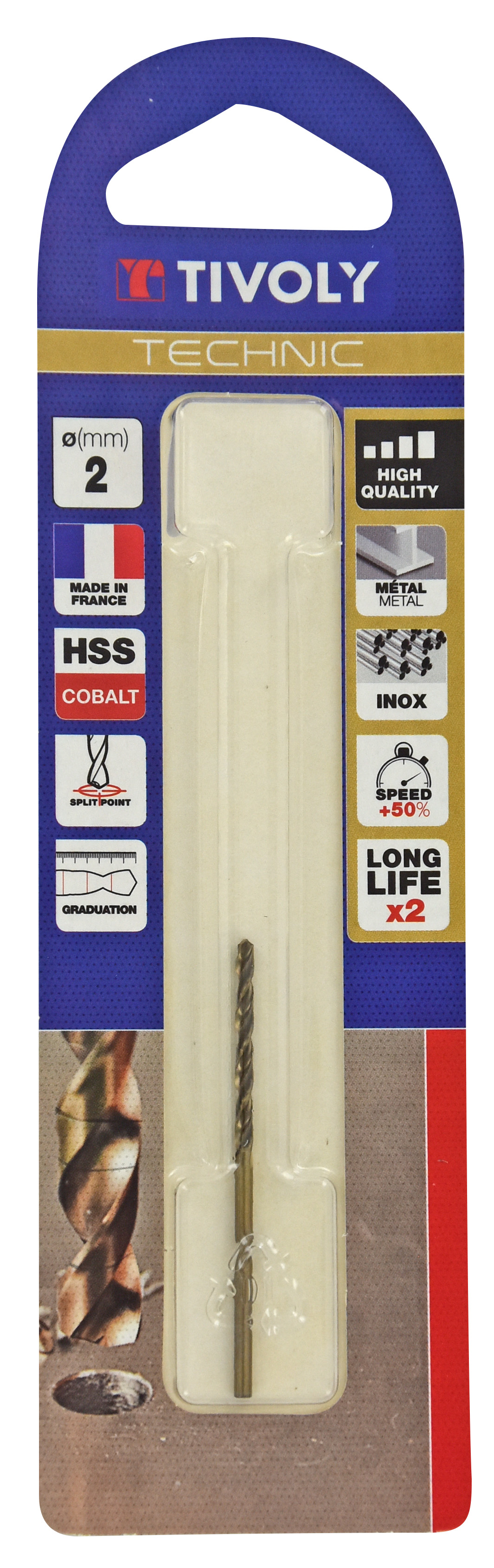 Foret métaux HSS-E5 cobalt -Revêtu GOLD -DIN338 -h8 -Pointe en croix -Gradué SLR Ø: 2 L: 49 TIVOLY - 11468520200