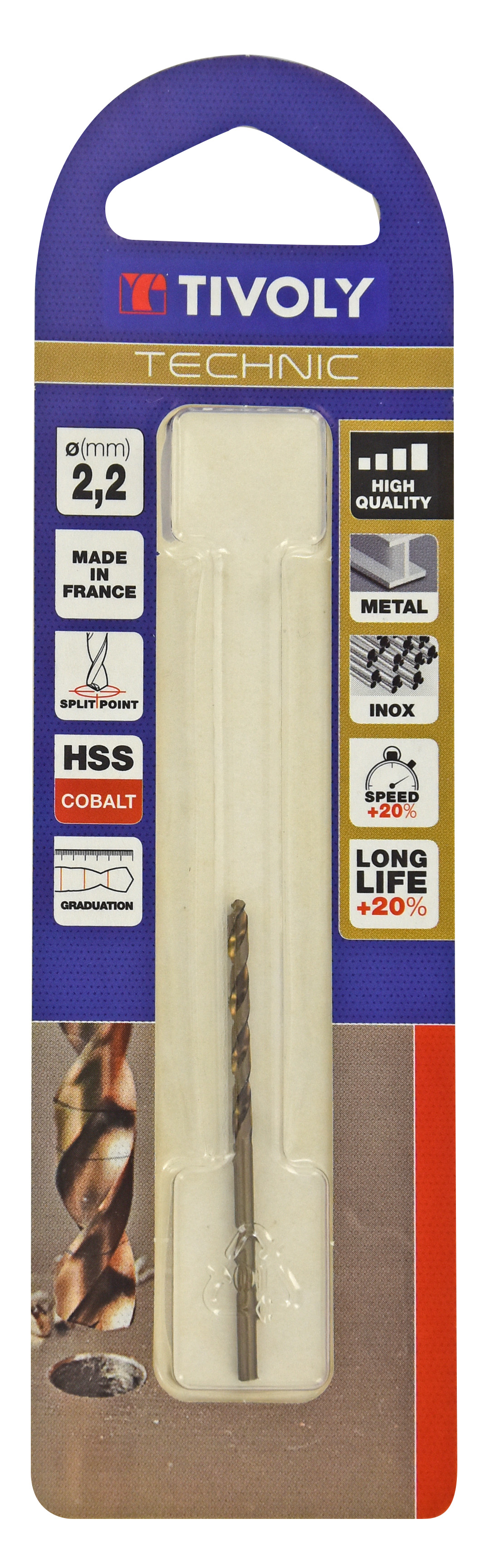 Foret métaux HSS-E5 cobalt -Revêtu GOLD -DIN338 -h8 -Pointe en croix -Gradué SLR Ø: 2.2 L: 53 TIVOLY - 11468520220