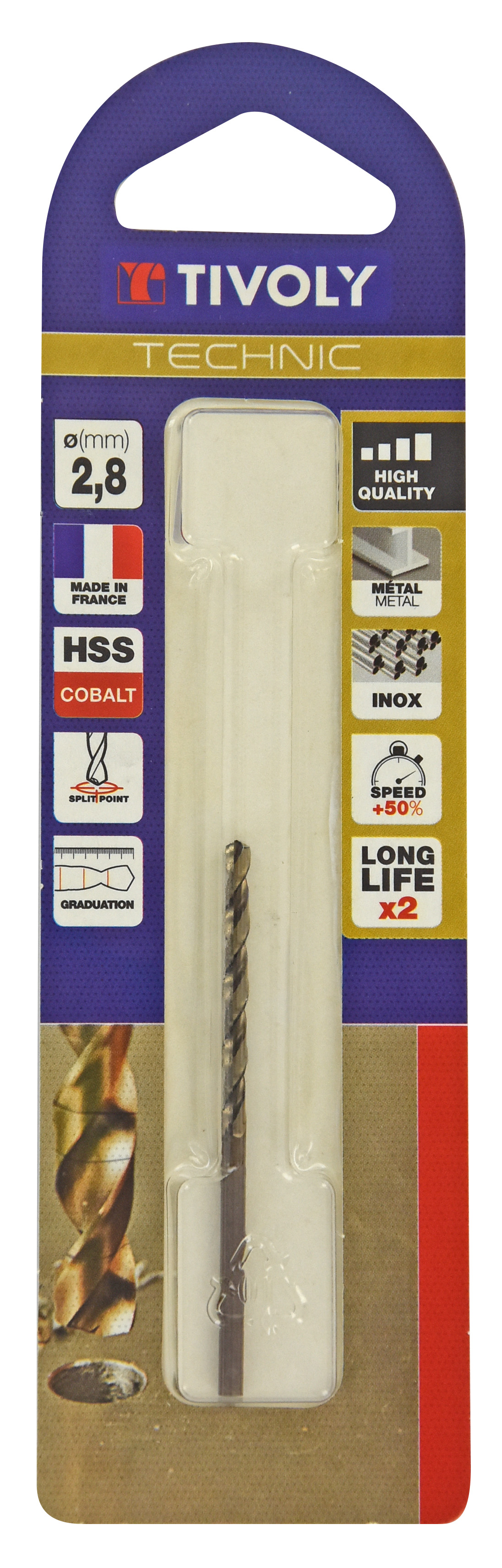 Foret métaux HSS-E5 cobalt -Revêtu GOLD -DIN338 -h8 -Pointe en croix -Gradué SLR Ø: 2.8 L: 61 TIVOLY - 11468520280