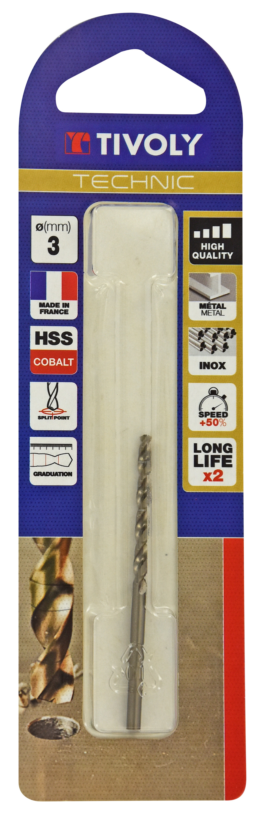 Foret métaux HSS-E5 cobalt -Revêtu GOLD -DIN338 -h8 -Pointe en croix -Gradué SLR Ø: 3 L: 61 TIVOLY - 11468520300