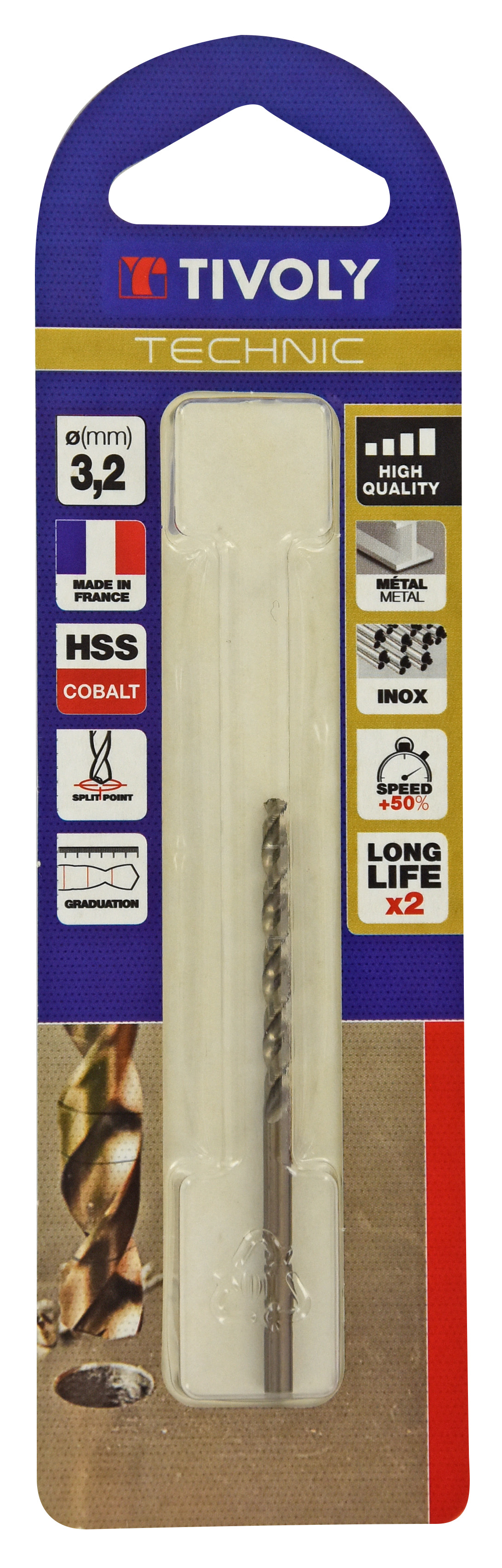 Foret métaux HSS-E5 cobalt -Revêtu GOLD -DIN338 -h8 -Pointe en croix -Gradué SLR Ø: 3.2 L: 65 TIVOLY - 11468520320