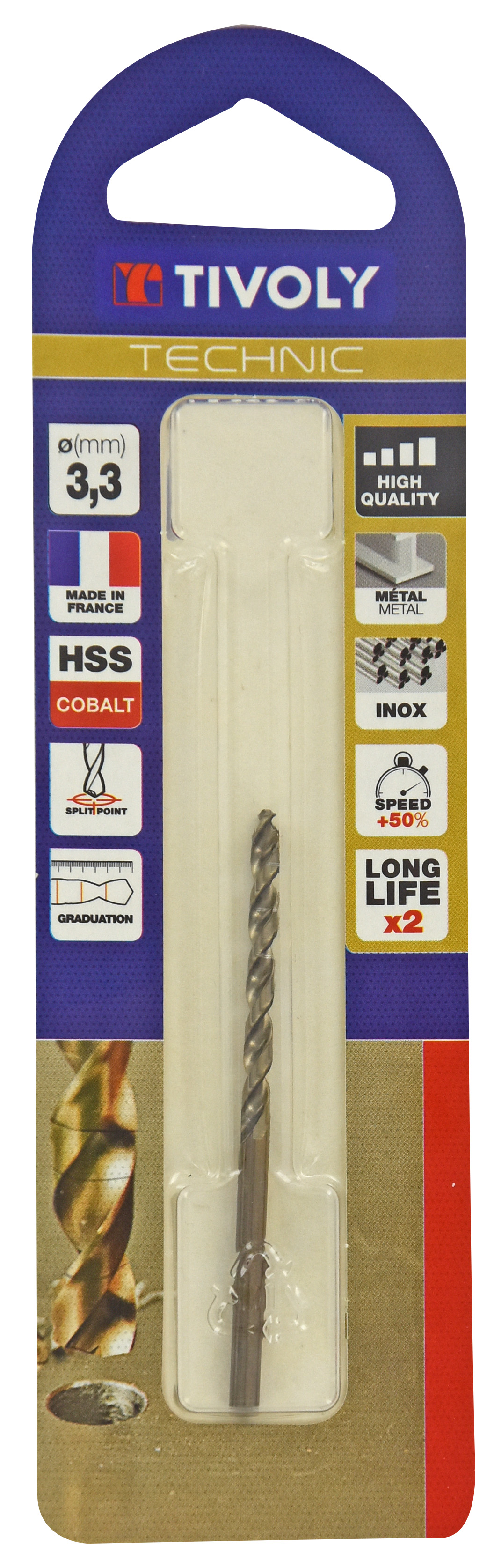 Foret métaux HSS-E5 cobalt -Revêtu GOLD -DIN338 -h8 -Pointe en croix -Gradué SLR Ø: 3.3 L: 65 TIVOLY - 11468520330