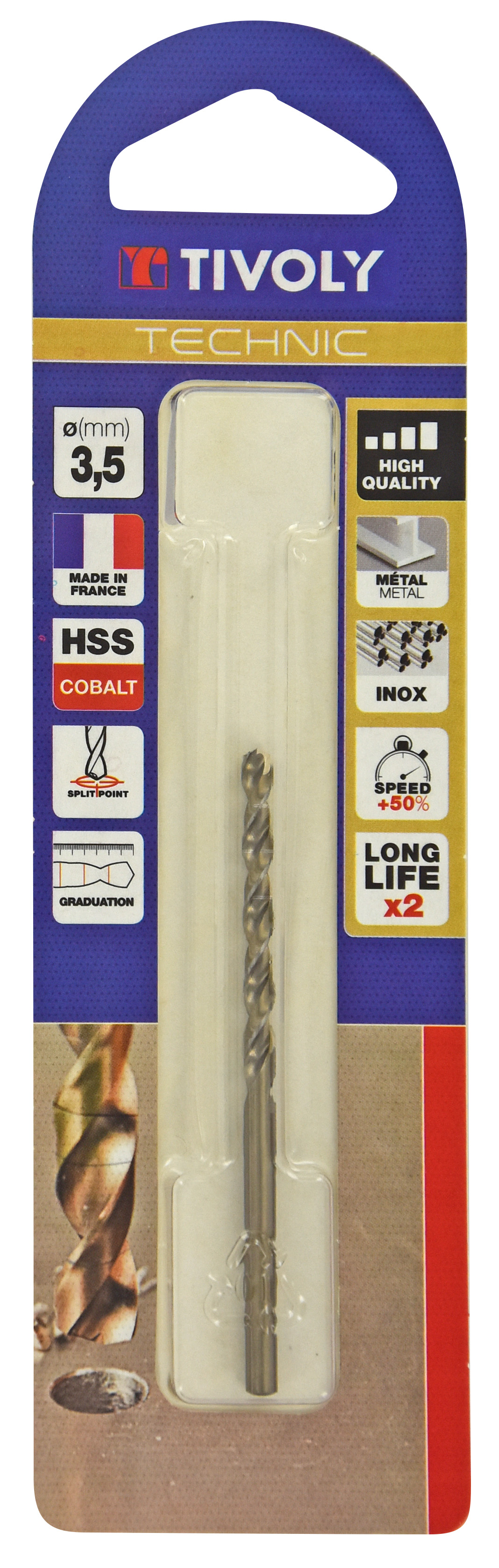 Foret métaux HSS-E5 cobalt -Revêtu GOLD -DIN338 -h8 -Pointe en croix -Gradué SLR Ø: 3.5 L: 70 TIVOLY - 11468520350