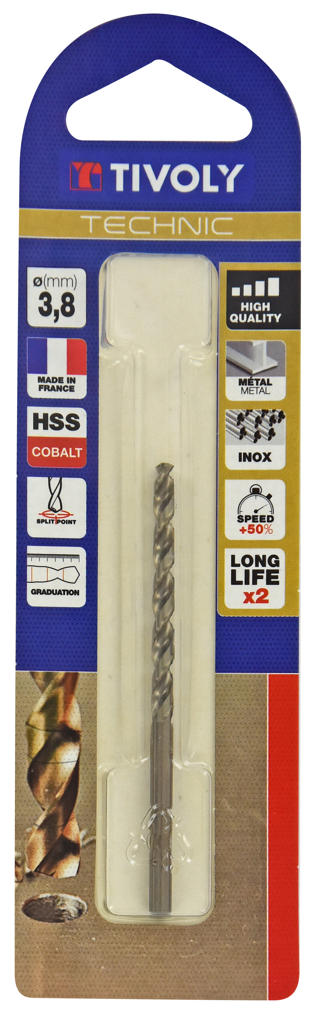 Foret métaux HSS-E5 cobalt -Revêtu GOLD -DIN338 -h8 -Pointe en croix -Gradué SLR Ø: 3.8 L: 75 TIVOLY - 11468520380