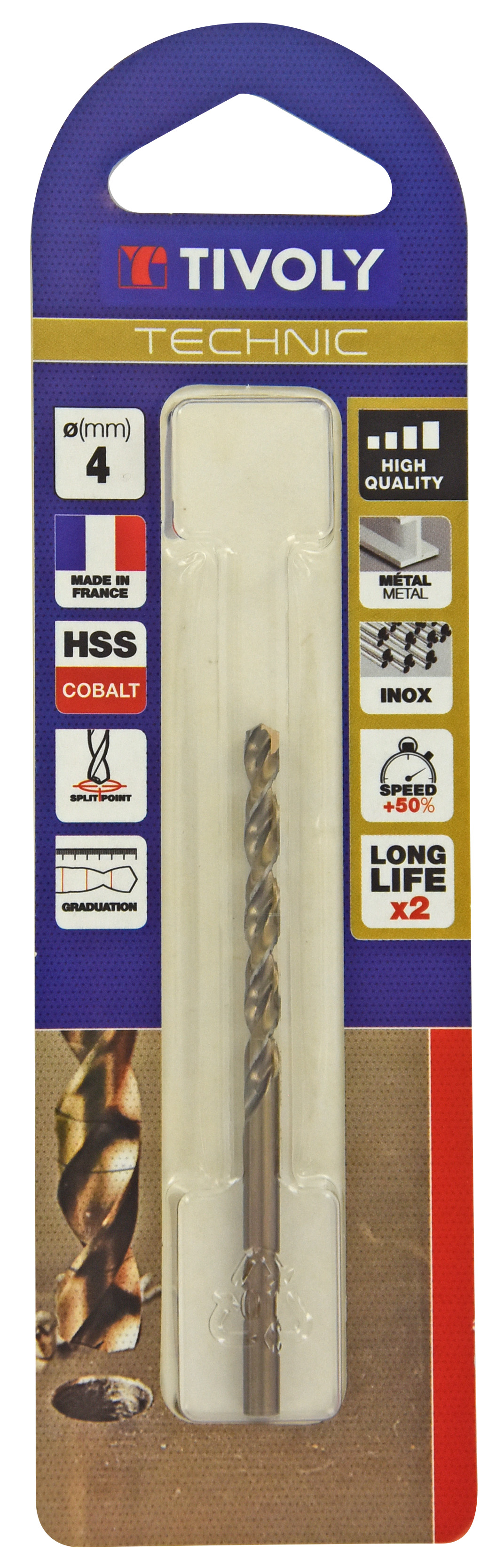 Foret métaux HSS-E5 cobalt -Revêtu GOLD -DIN338 -h8 -Pointe en croix -Gradué SLR Ø: 4 L: 75 TIVOLY - 11468520400