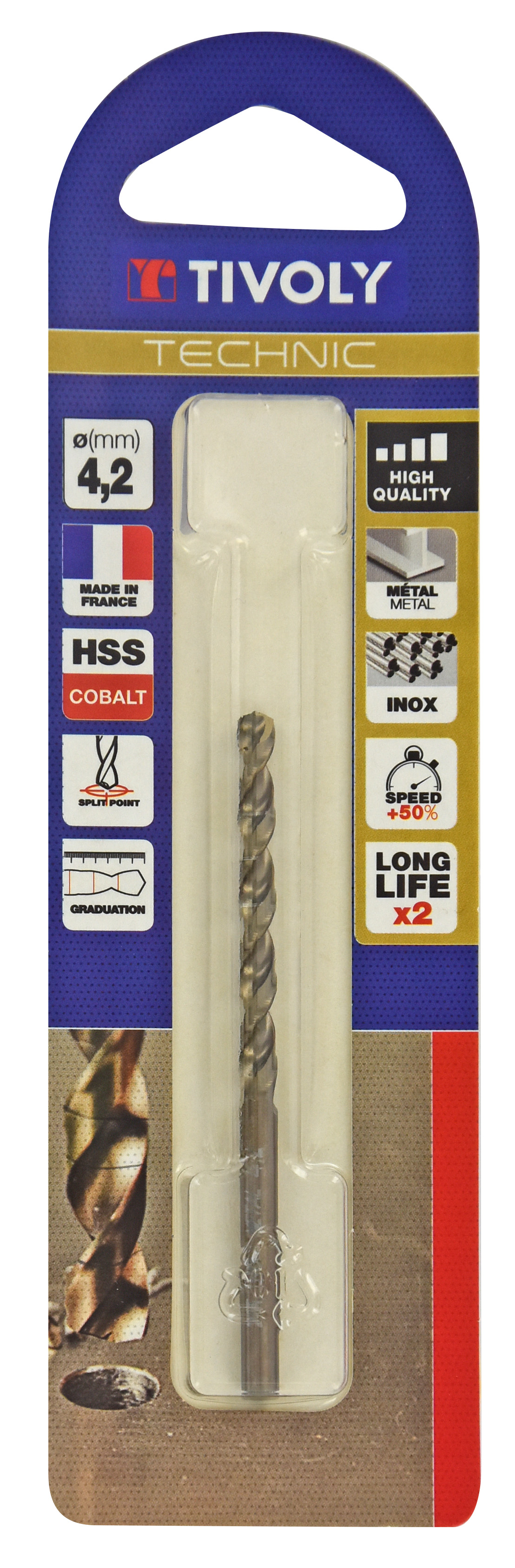 Foret métaux HSS-E5 cobalt -Revêtu GOLD -DIN338 -h8 -Pointe en croix -Gradué SLR Ø: 4.2 L: 75 TIVOLY - 11468520420