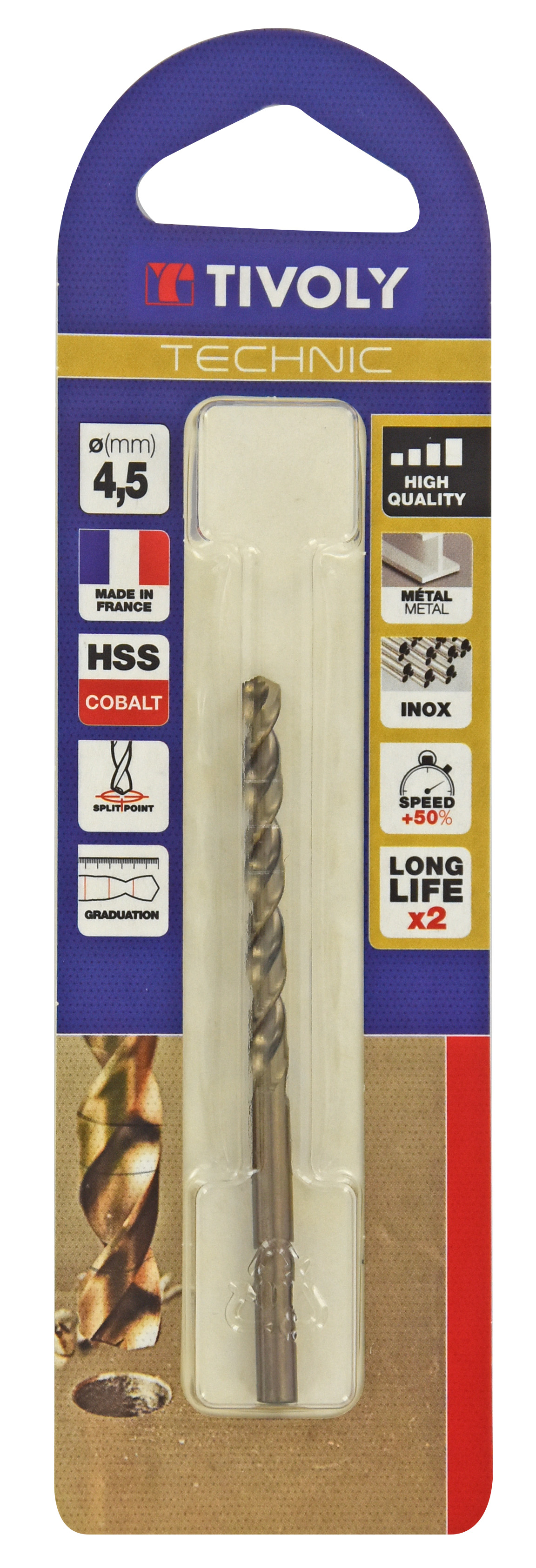 Foret métaux HSS-E5 cobalt -Revêtu GOLD -DIN338 -h8 -Pointe en croix -Gradué SLR Ø: 4.5 L: 80 TIVOLY - 11468520450