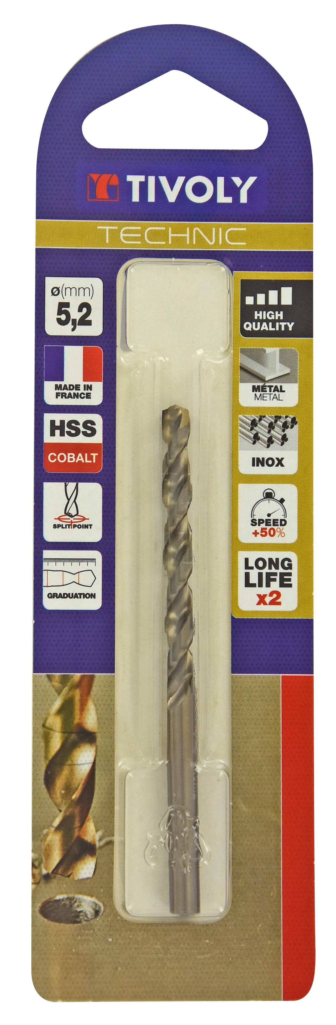 Foret métaux HSS-E5 cobalt -Revêtu GOLD -DIN338 -h8 -Pointe en croix -Gradué SLR Ø: 5.2 L: 86 TIVOLY - 11468520520