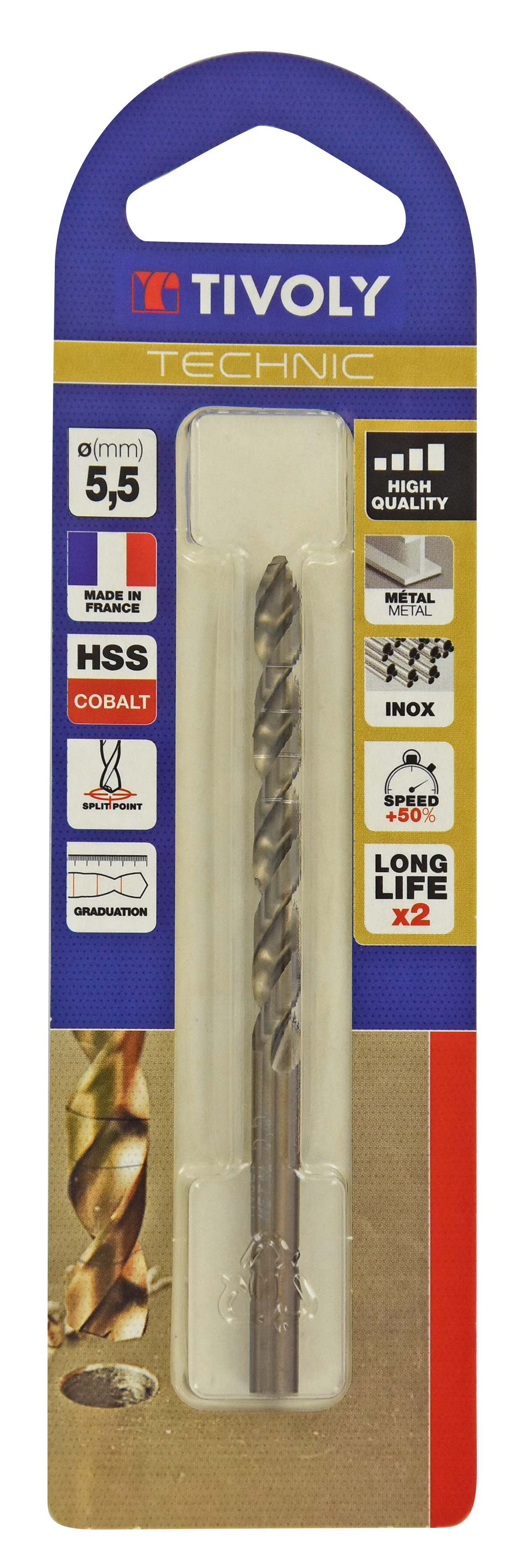 Foret métaux HSS-E5 cobalt -Revêtu GOLD -DIN338 -h8 -Pointe en croix -Gradué SLR Ø: 5.5 L: 93 TIVOLY - 11468520550