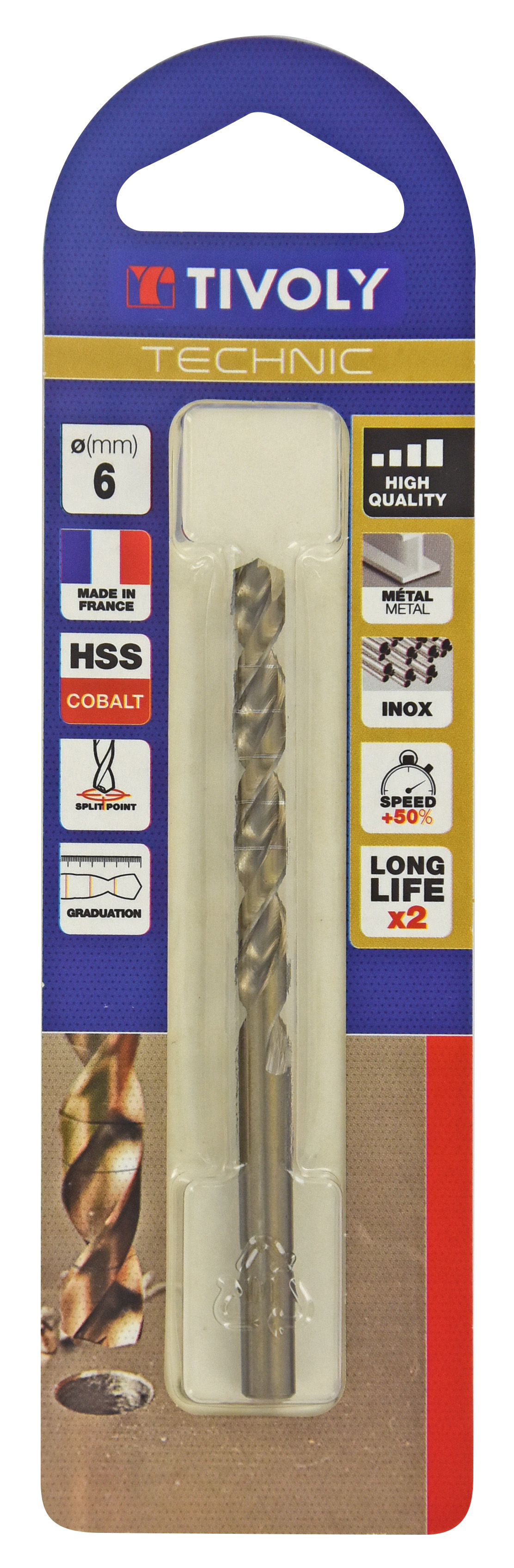 Foret métaux HSS-E5 cobalt -Revêtu GOLD -DIN338 -h8 -Pointe en croix -Gradué SLR Ø: 6 L: 93 TIVOLY - 11468520600