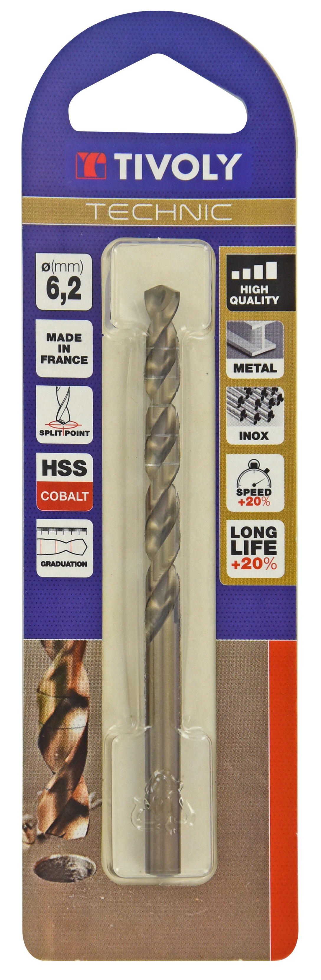 Foret métaux HSS-E5 cobalt -Revêtu GOLD -DIN338 -h8 -Pointe en croix -Gradué SLR Ø: 6.2 L: 101 TIVOLY - 11468520620