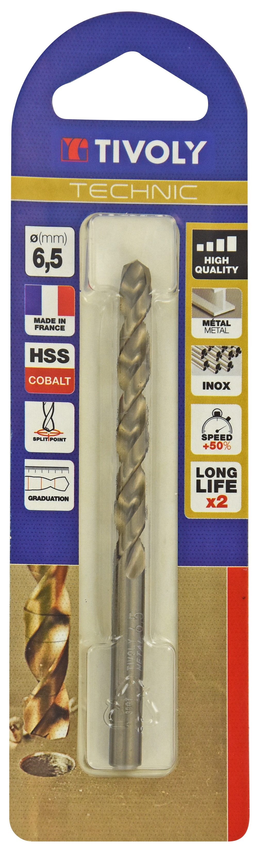 Foret métaux HSS-E5 cobalt -Revêtu GOLD -DIN338 -h8 -Pointe en croix -Gradué SLR Ø: 6.5 L: 101 TIVOLY - 11468520650