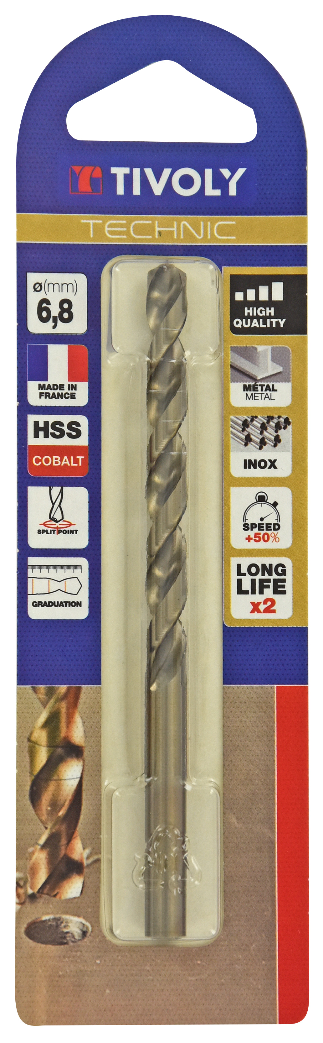 Foret métaux HSS-E5 cobalt -Revêtu GOLD -DIN338 -h8 -Pointe en croix -Gradué SLR Ø: 6.8 L: 109 TIVOLY - 11468520680