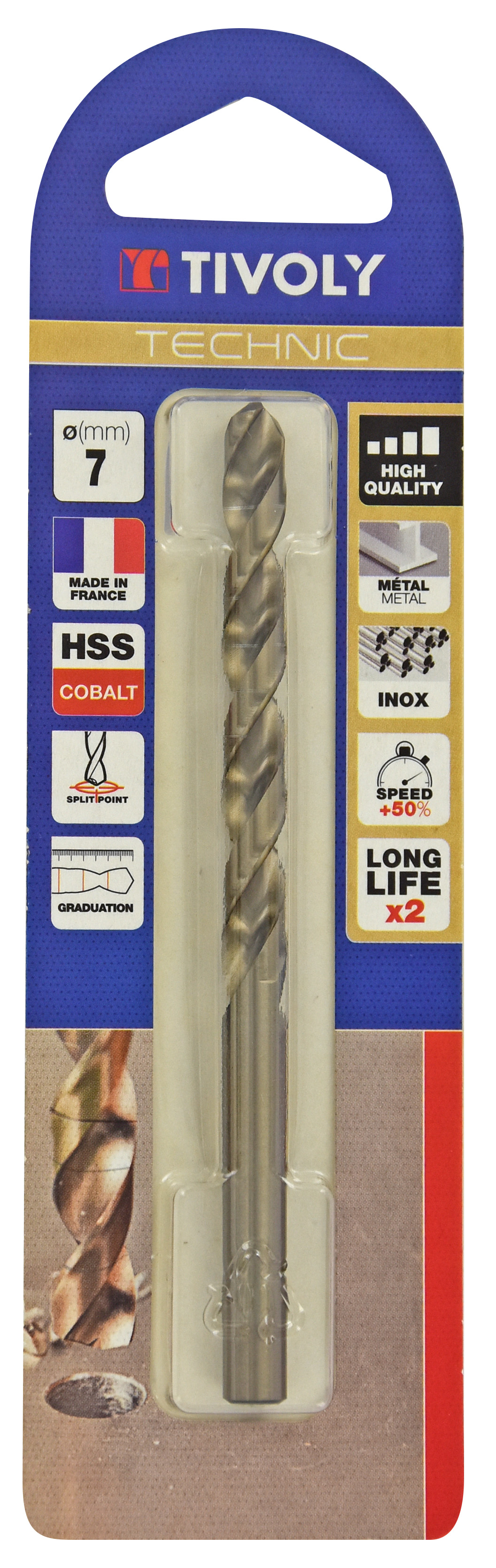 Foret métaux HSS-E5 cobalt -Revêtu GOLD -DIN338 -h8 -Pointe en croix -Gradué SLR Ø: 7 L: 109 TIVOLY - 11468520700