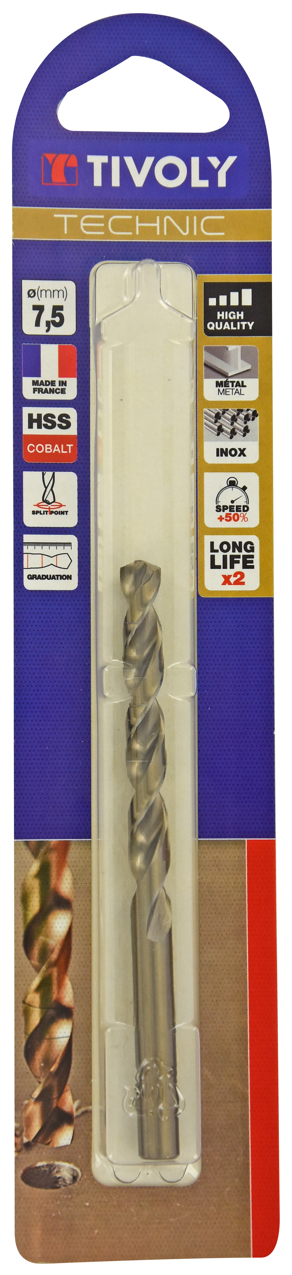 Foret métaux HSS-E5 cobalt -Revêtu GOLD -DIN338 -h8 -Pointe en croix -Gradué SLR Ø: 7.5 L: 109 TIVOLY - 11468520750