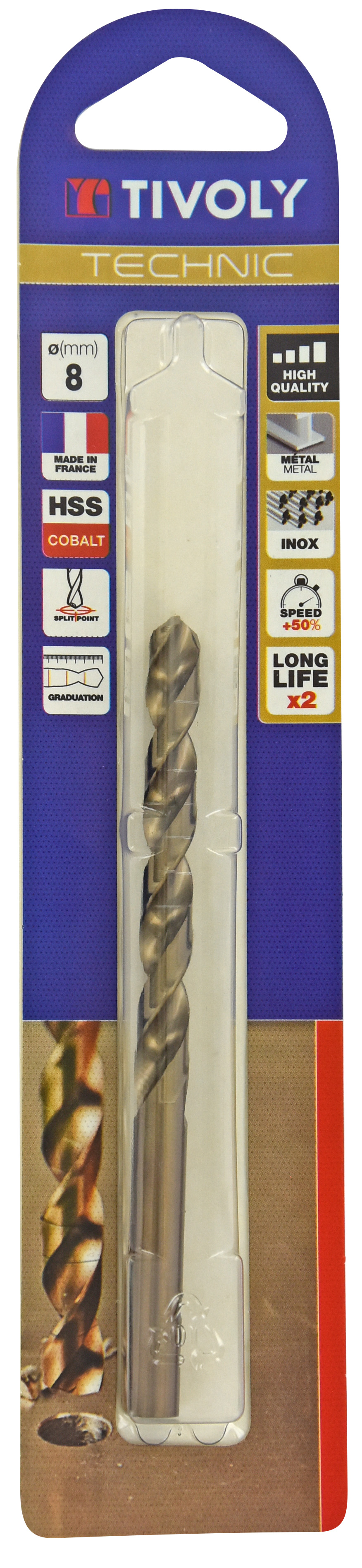 Foret métaux HSS-E5 cobalt -Revêtu GOLD -DIN338 -h8 -Pointe en croix -Gradué SLR Ø: 8 L: 117 TIVOLY - 11468520800