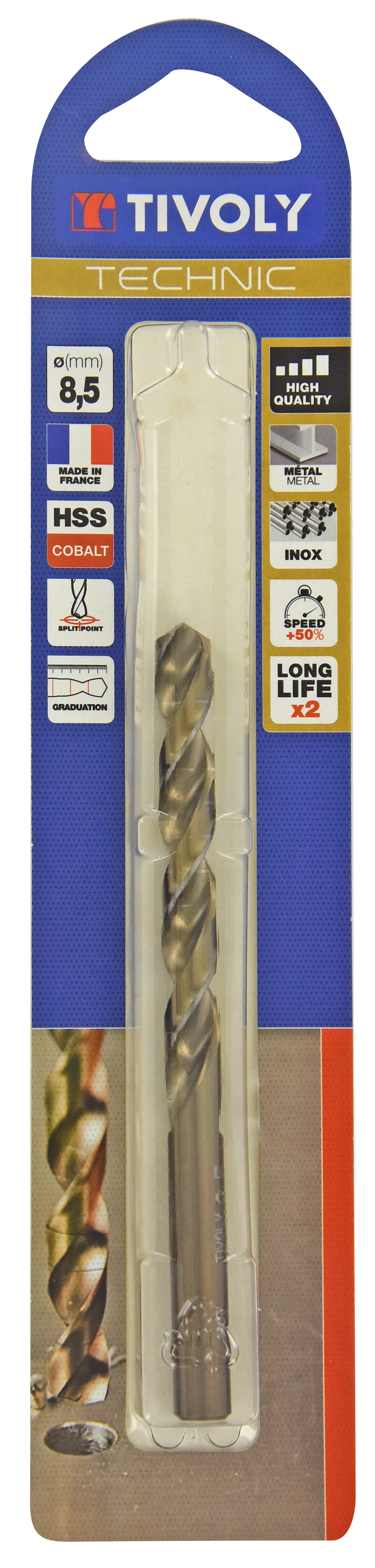 Foret métaux HSS-E5 cobalt -Revêtu GOLD -DIN338 -h8 -Pointe en croix -Gradué SLR Ø: 8.5 L: 117 TIVOLY - 11468520850