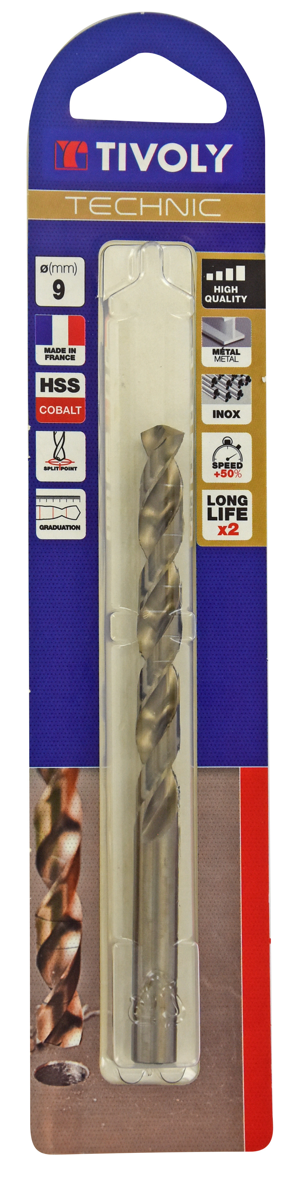 Foret métaux HSS-E5 cobalt -Revêtu GOLD -DIN338 -h8 -Pointe en croix -Gradué SLR Ø: 9 L: 125 TIVOLY - 11468520900