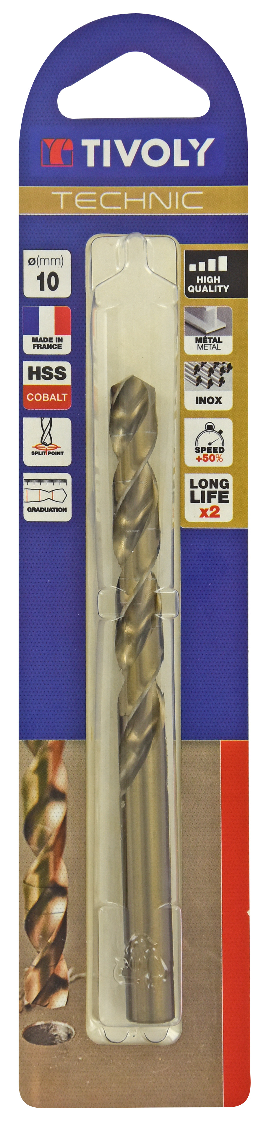 Foret métaux HSS-E5 cobalt -Revêtu GOLD -DIN338 -h8 -Pointe en croix -Gradué SLR Ø: 10 L: 133 TIVOLY - 11468521000