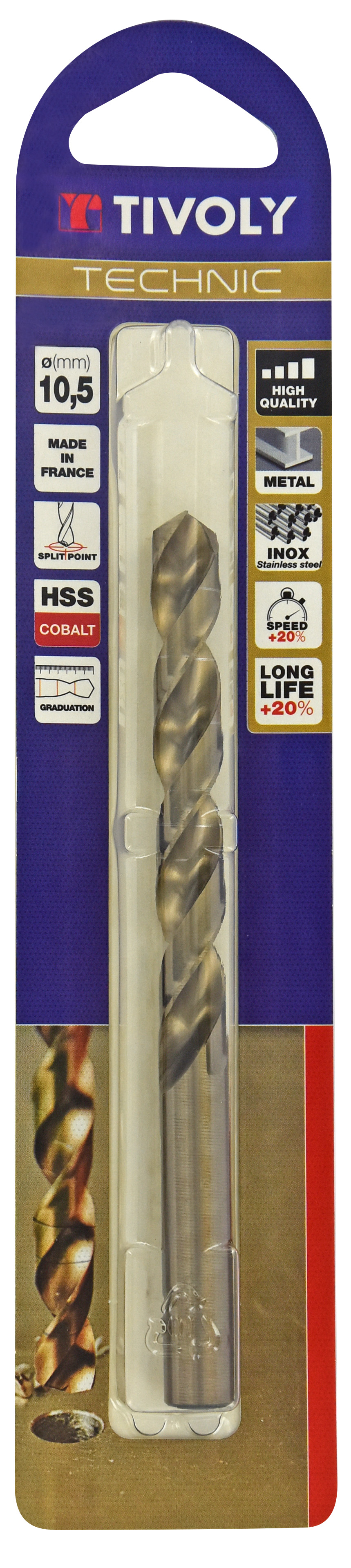 Foret métaux HSS-E5 cobalt -Revêtu GOLD -DIN338 -h8 -Pointe en croix -Gradué SLR Ø: 10.5 L: 133 TIVOLY - 11468521050