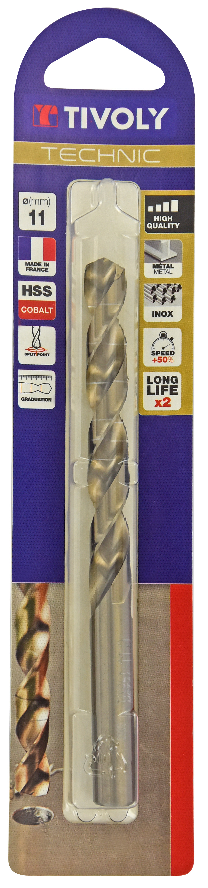 Foret métaux HSS-E5 cobalt -Revêtu GOLD -DIN338 -h8 -Pointe en croix -Gradué SLR Ø: 11 L: 142 TIVOLY - 11468521100