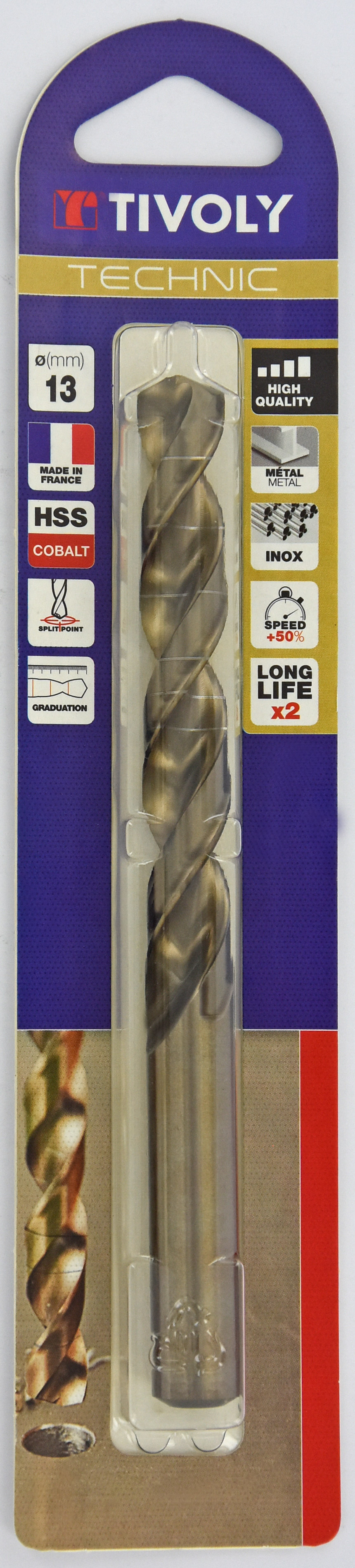 Foret métaux HSS-E5 cobalt -Revêtu GOLD -DIN338 -h8 -Pointe en croix -Gradué SLR Ø: 13 L: 151 TIVOLY - 11468521300