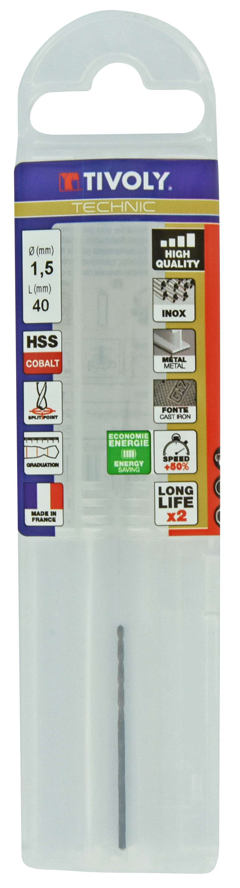 Foret métaux HSS-E5 -Revêtu GOLD -DIN338 -h8 -Pointe en croix -Gradué SLR Ø: 1.5 L: 40 TIVOLY - 11468540150