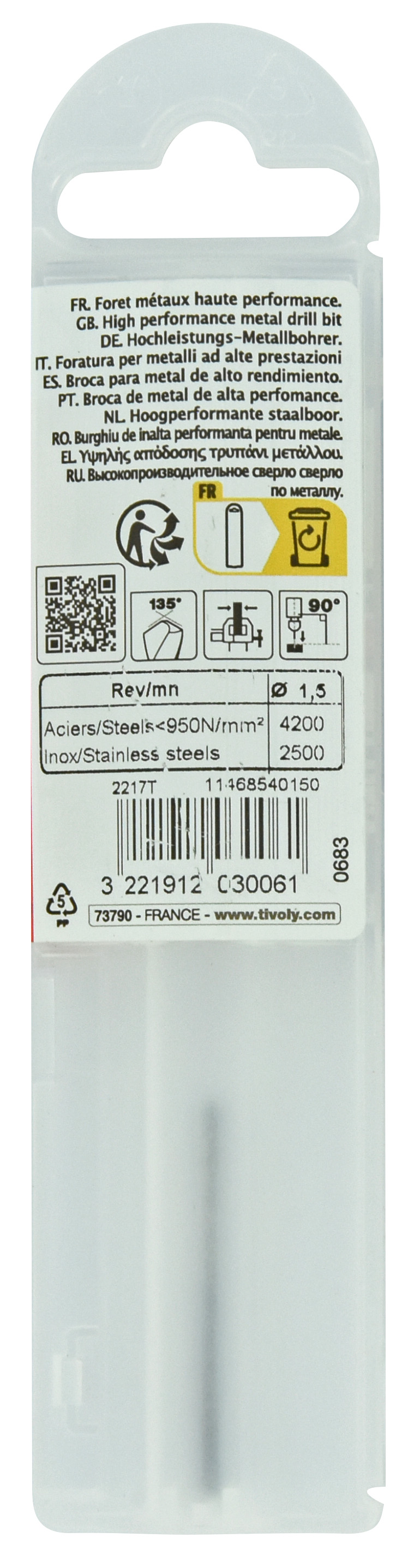 Foret métaux HSS-E5 -Revêtu GOLD -DIN338 -h8 -Pointe en croix -Gradué SLR Ø: 1.5 L: 40 TIVOLY - 11468540150