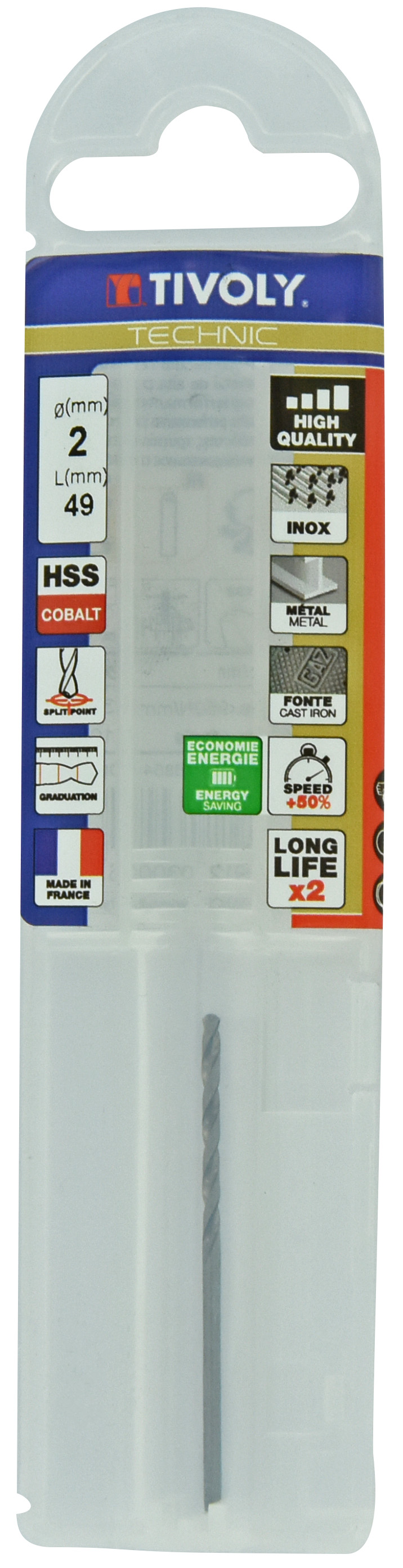 Foret métaux HSS-E5 -Revêtu GOLD -DIN338 -h8 -Pointe en croix -Gradué SLR Ø: 2 L: 49 TIVOLY - 11468540200