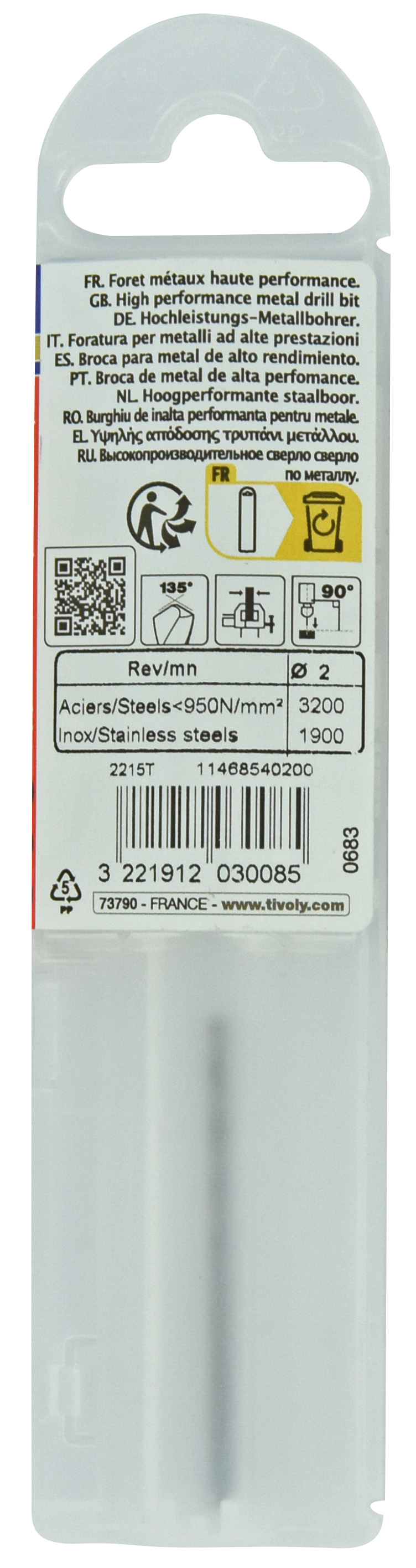 Foret métaux HSS-E5 -Revêtu GOLD -DIN338 -h8 -Pointe en croix -Gradué SLR Ø: 2 L: 49 TIVOLY - 11468540200