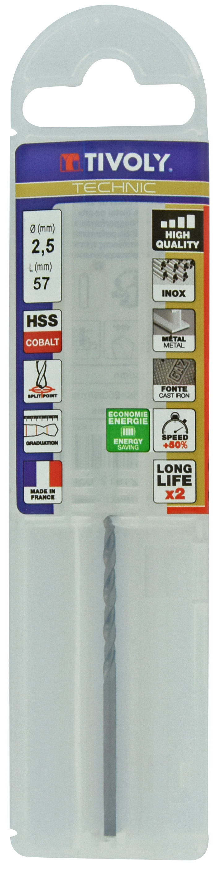 Foret métaux HSS-E5 -Revêtu GOLD -DIN338 -h8 -Pointe en croix -Gradué SLR Ø: 2.5 L: 57 TIVOLY - 11468540250