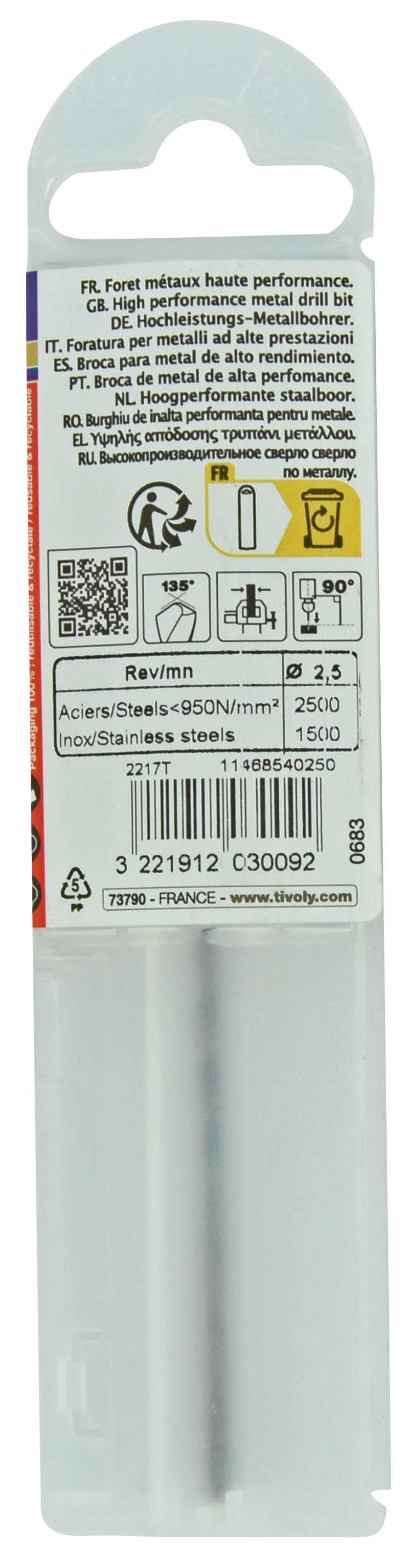 Foret métaux HSS-E5 -Revêtu GOLD -DIN338 -h8 -Pointe en croix -Gradué SLR Ø: 2.5 L: 57 TIVOLY - 11468540250