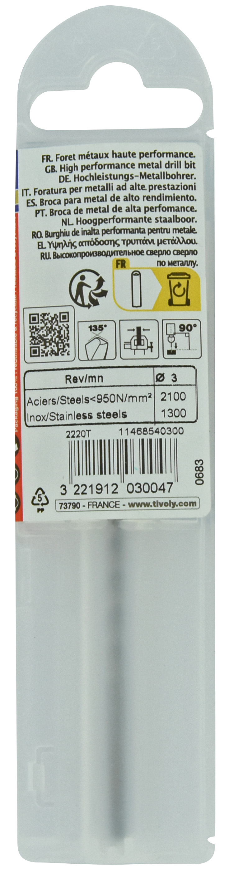 Foret métaux HSS-E5 -Revêtu GOLD -DIN338 -h8 -Pointe en croix -Gradué SLR Ø: 3 L: 61 TIVOLY - 11468540300