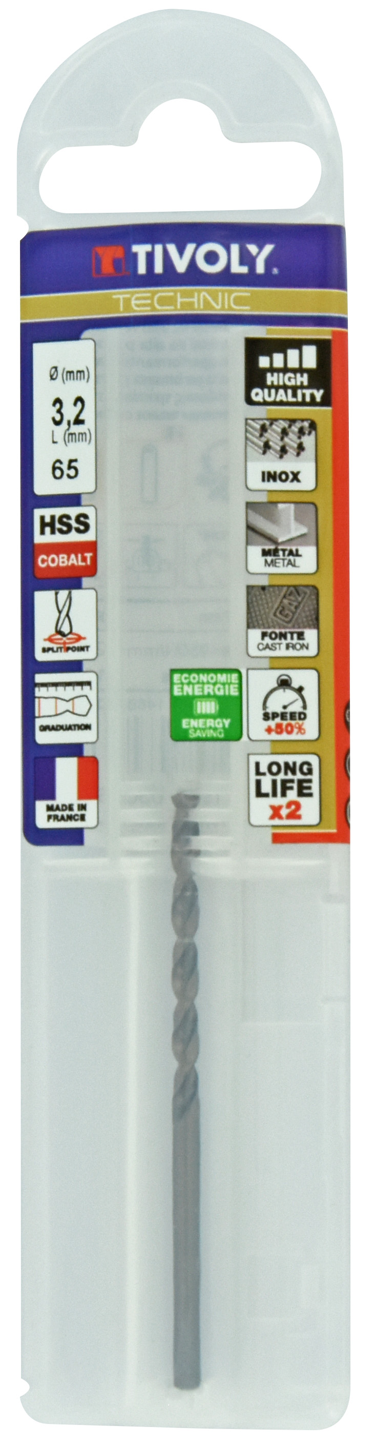 Foret métaux HSS-E5 -Revêtu GOLD -DIN338 -h8 -Pointe en croix -Gradué SLR Ø: 3.2 L: 65 TIVOLY - 11468540320