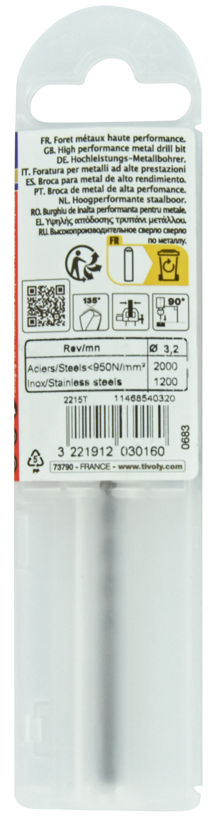 Foret métaux HSS-E5 -Revêtu GOLD -DIN338 -h8 -Pointe en croix -Gradué SLR Ø: 3.2 L: 65 TIVOLY - 11468540320