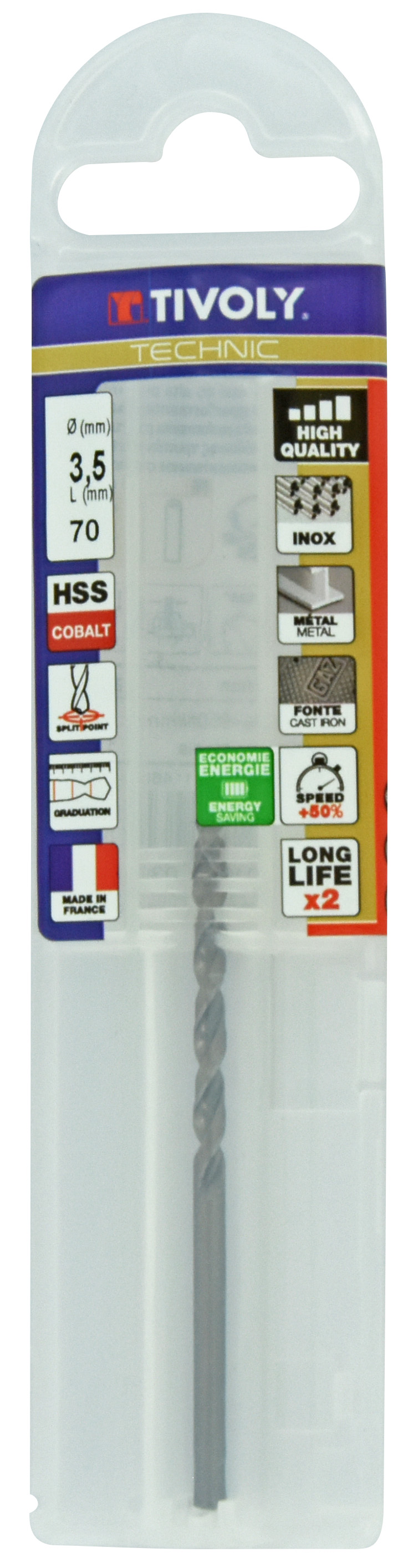 Foret métaux HSS-E5 -Revêtu GOLD -DIN338 -h8 -Pointe en croix -Gradué SLR Ø: 3.5 L: 70 TIVOLY - 11468540350