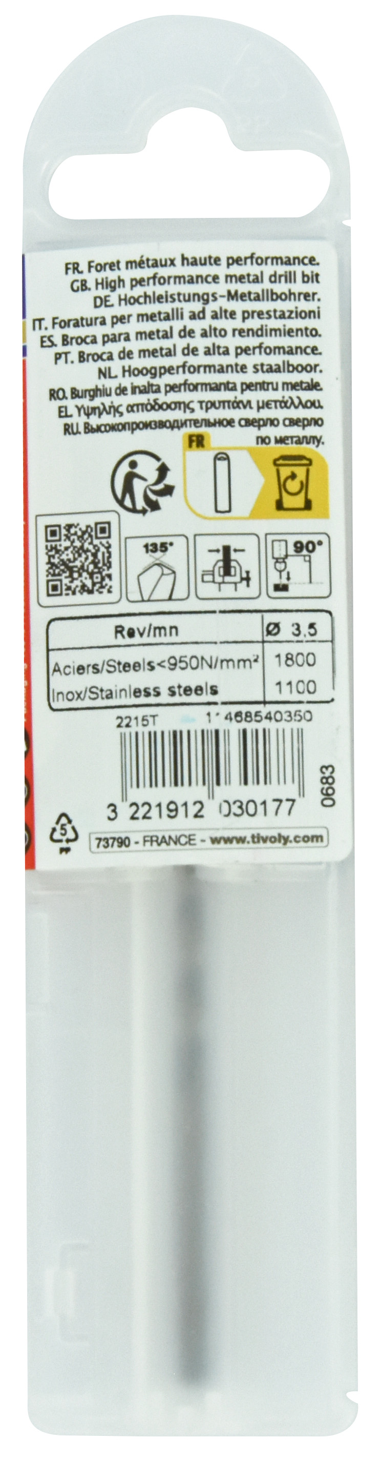 Foret métaux HSS-E5 -Revêtu GOLD -DIN338 -h8 -Pointe en croix -Gradué SLR Ø: 3.5 L: 70 TIVOLY - 11468540350