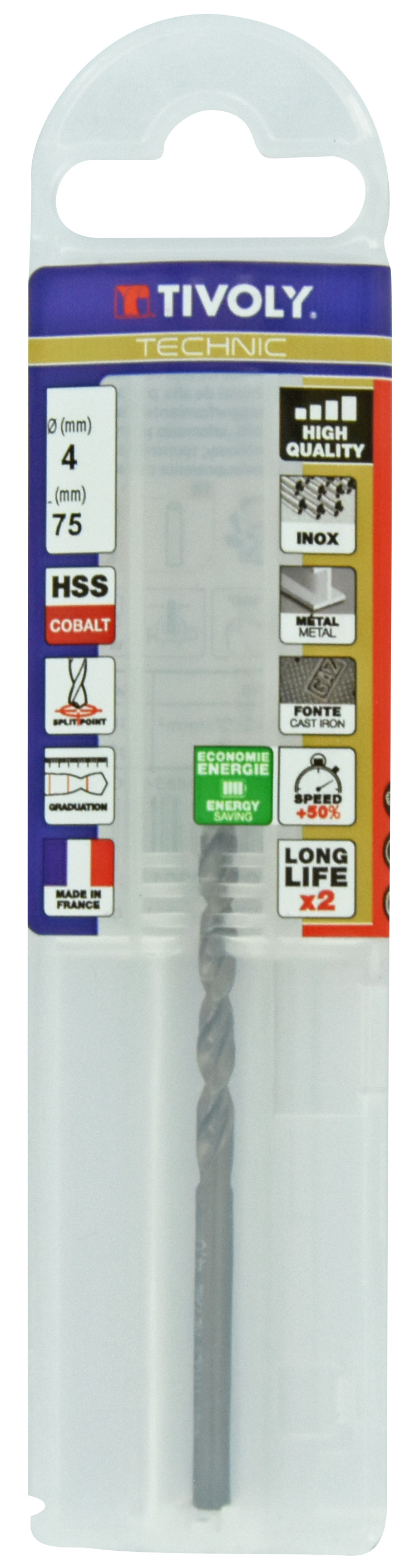 Foret métaux HSS-E5 -Revêtu GOLD -DIN338 -h8 -Pointe en croix -Gradué SLR Ø: 4 L: 75 TIVOLY - 11468540400