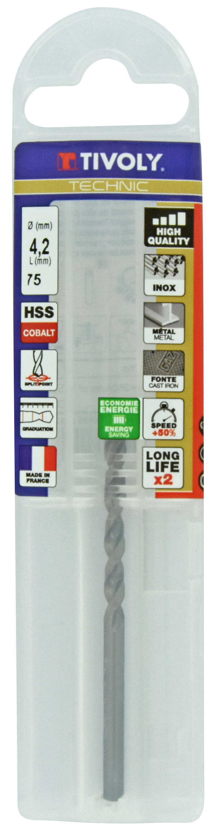 Foret métaux HSS-E5 -Revêtu GOLD -DIN338 -h8 -Pointe en croix -Gradué SLR Ø: 4.2 L: 75 TIVOLY - 11468540420